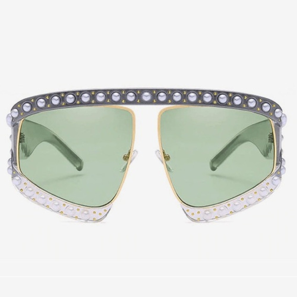 Statement Sunglasses Pearl Embellished Unique Hip Hop Green Lens Wrap Around New